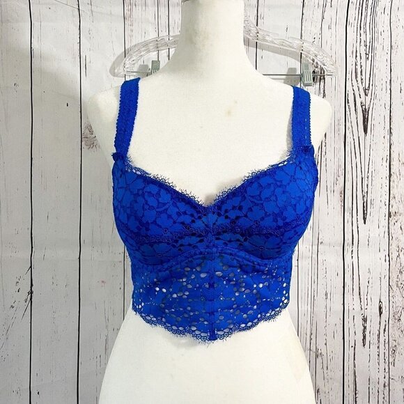 Victoria Secret Bralette Bra Small Lace Molded Cup Adjustable Strap Pull On Blue - Picture 9 of 9